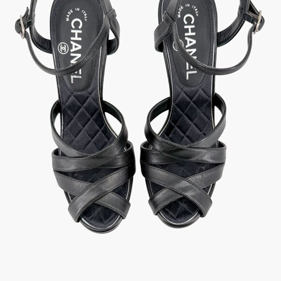 Chanel Black Leather Crystal CC Strappy Heeled Sandals Shoes Size 37 US 6–6.5 - Picture 3 of 13
